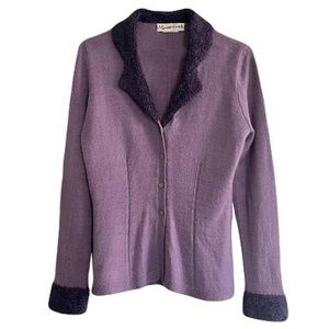 Vintage Marion Foale Hand-Knit Wool-Blend Purple Chenille-Trim Cardigan, Size M